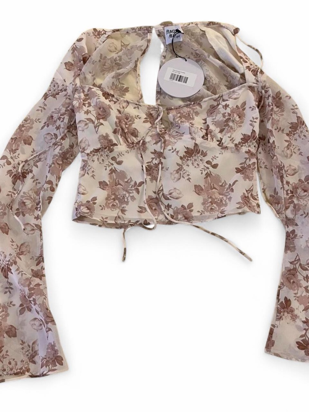 Princess Polly Taupe Floral Tie-Front Long Sleeve Crop Top